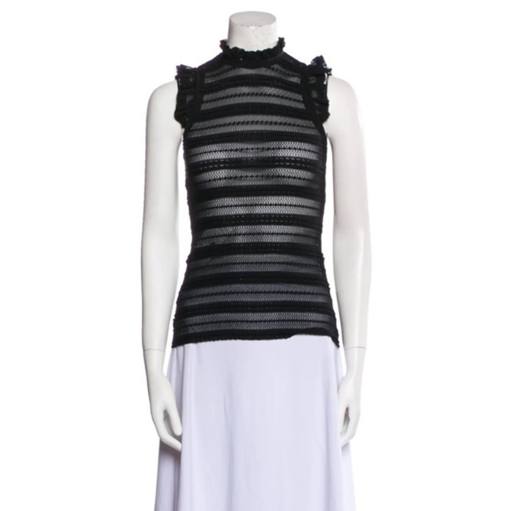 Cinq a Sept Black Ruffled Fitted Sheer Sleeveless Blouse size XS